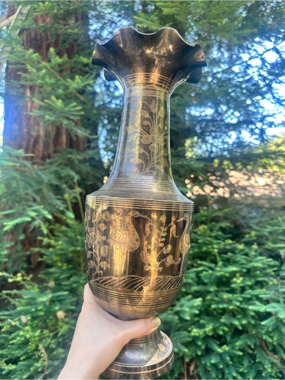 Antique-Style Brass Etched Floral Vase in Dark Brass Finish